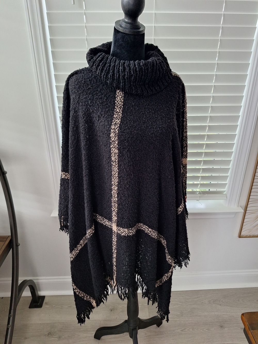Apt. 9 Black Turtleneck Fringe Poncho with Cream Trim